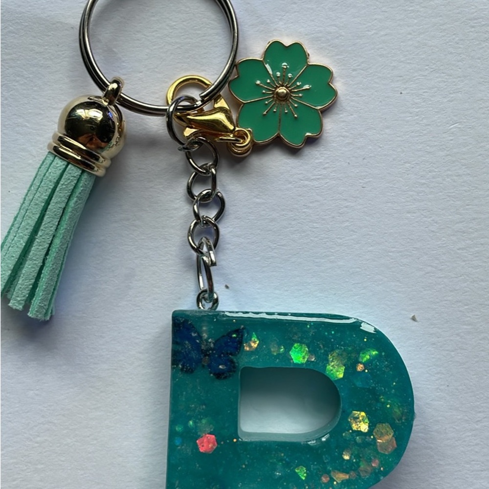 Blue Glitter Initial Keychain with Tassel
